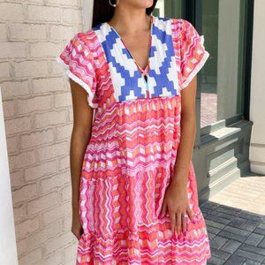 THML V-Neck Print Flutter Sleeve Dress Sz S